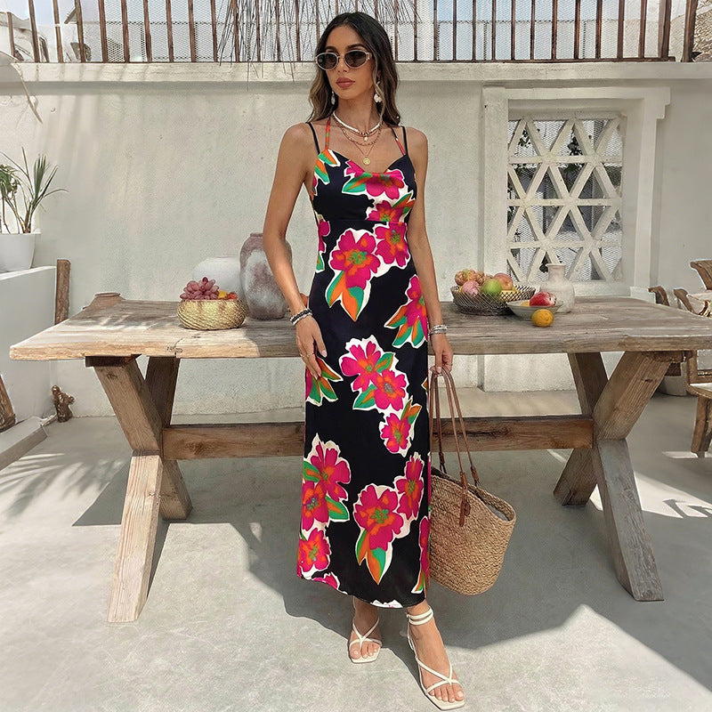 Floral Print Spaghetti Strap Dress Mid-Length Vacation Style