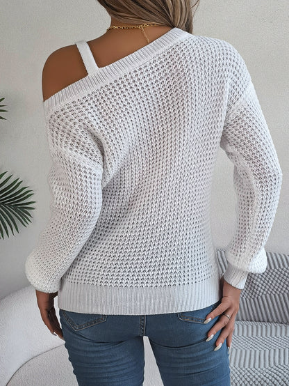 2025 Fall Winter Casual Off-Shoulder Lantern Sleeve Sweater with Metal Accents