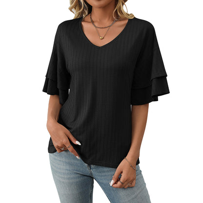 V-Neck Lotus Leaf Sleeve Women’s T-Shirt Top