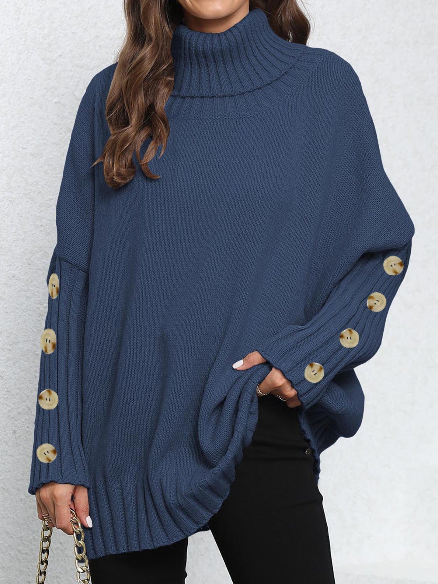 Button Turtleneck Lapel Loose Woven Shirt Top Women's Pullover Sweater