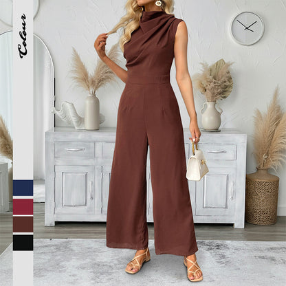 Cowl Neck Sleeveless Wide Leg Jumpsuit Workwear Chic