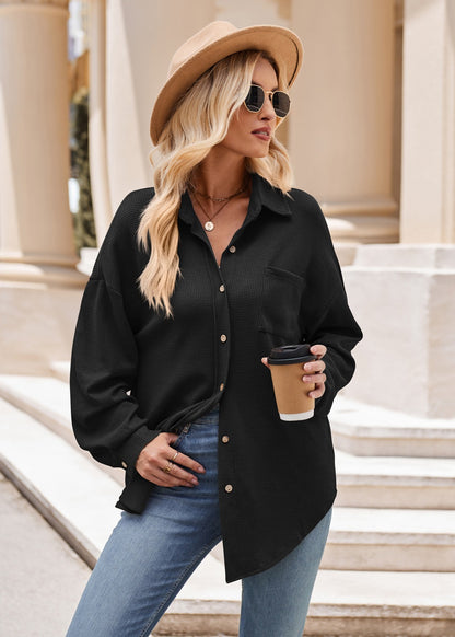 Women’s Casual Loose Fit Button Down Waffle Knit Shirt Jacket
