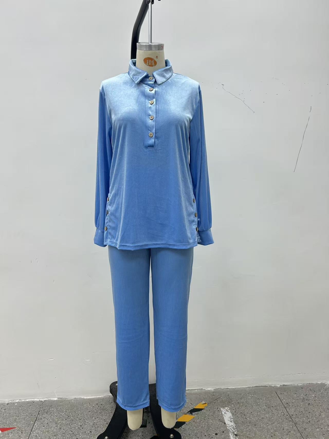 Women's Velvet Lounge Set Button Top & Wide Leg Pants