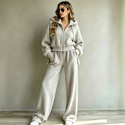 Women's Fleece Zip Hoodie & Wide Leg Pants Lounge Set