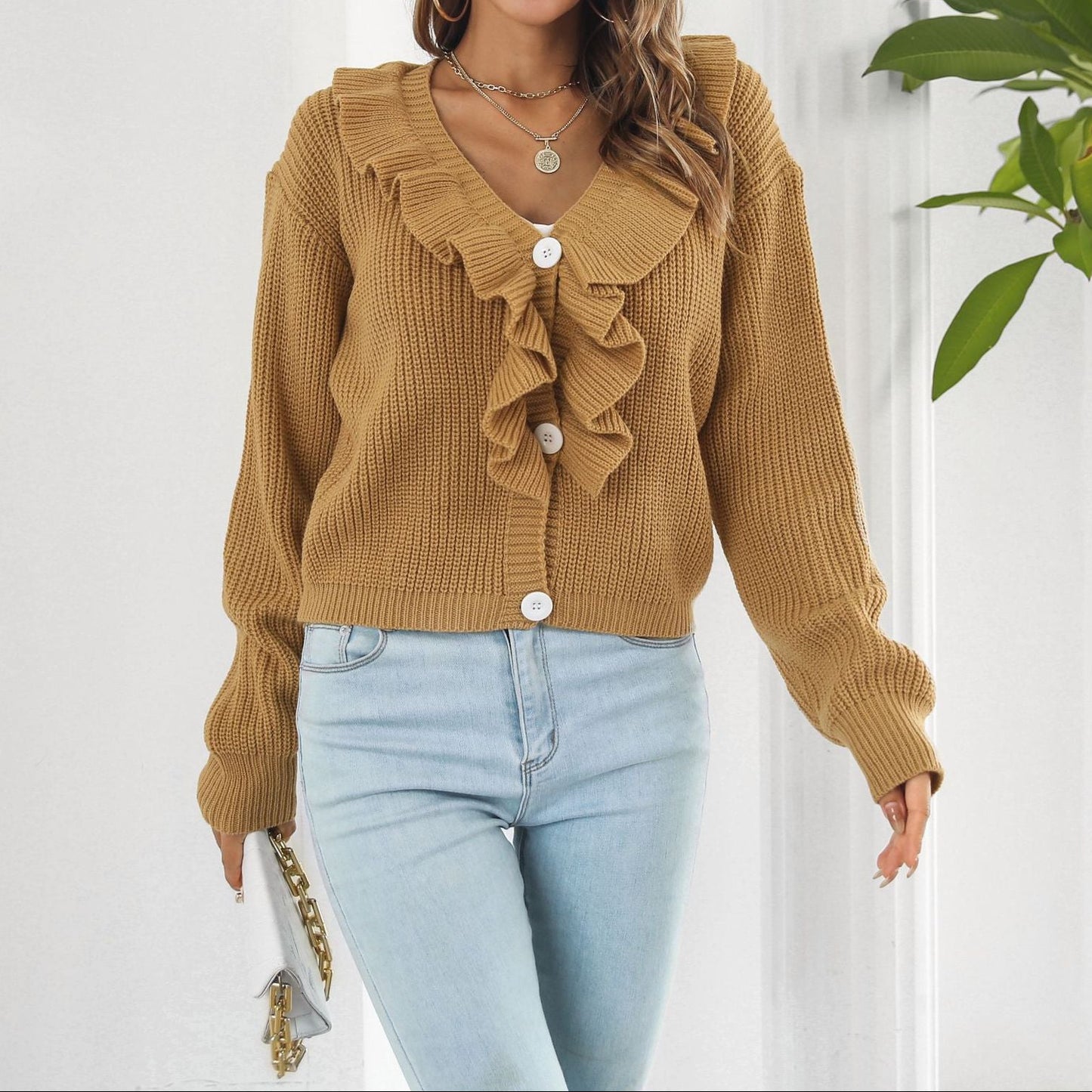 Women's Ruffle V-Neck Cropped Cardigan