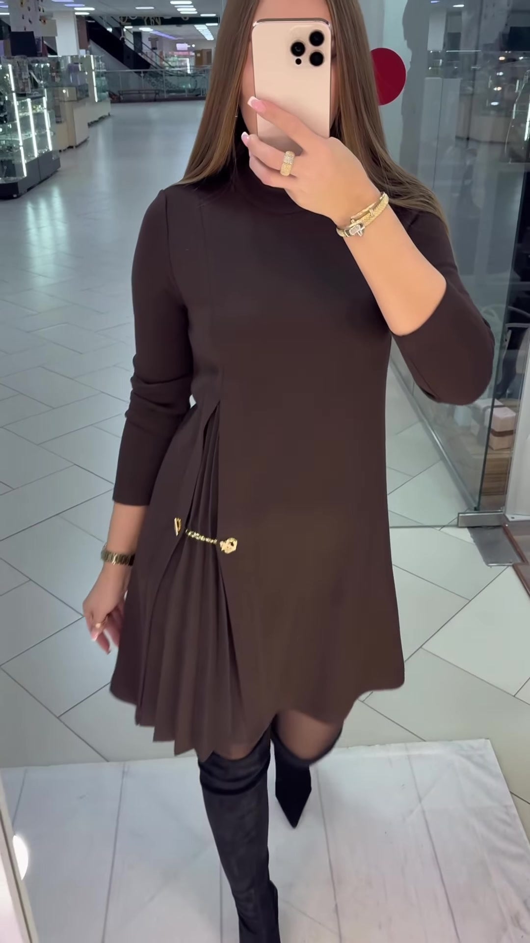Black Mock Neck Long Sleeve Ruched Midi Dress