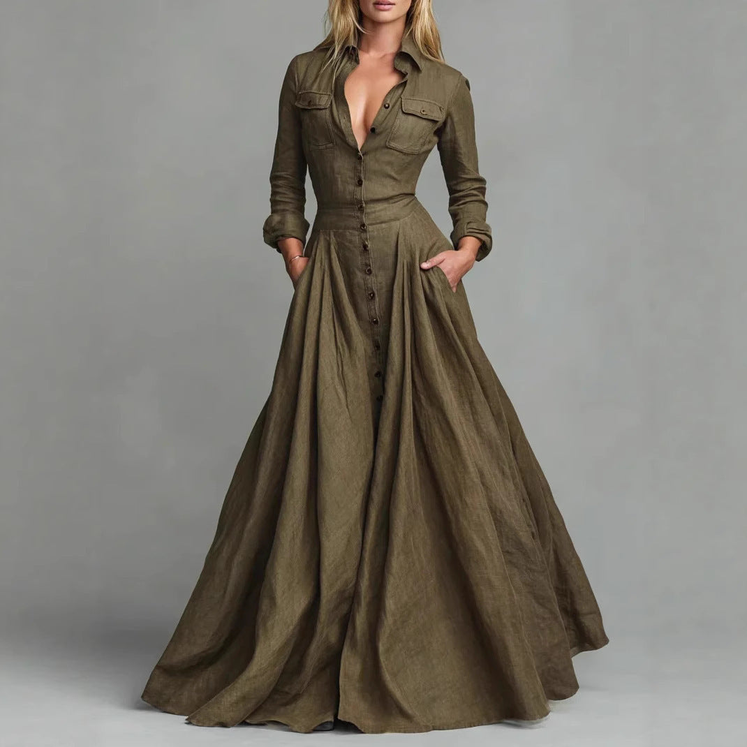 Women's Long Sleeve Collared Maxi Dress A-Line with Pockets