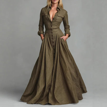 Women's Long Sleeve Collared Maxi Dress A-Line with Pockets
