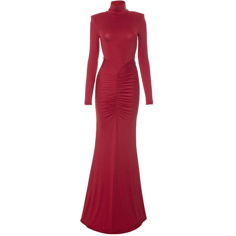 Mock Neck Padded Shoulder Ruched Bodycon Mermaid Maxi Dress
