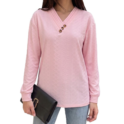 Women's Casual V-Neck Button Long Sleeve Loose Tunic Top