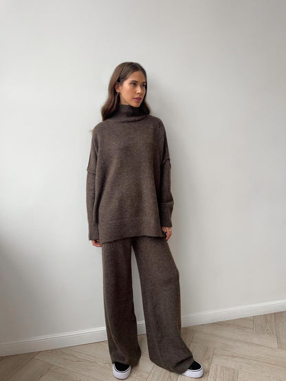 Knit Turtleneck Lounge Set with Wide Leg Pants