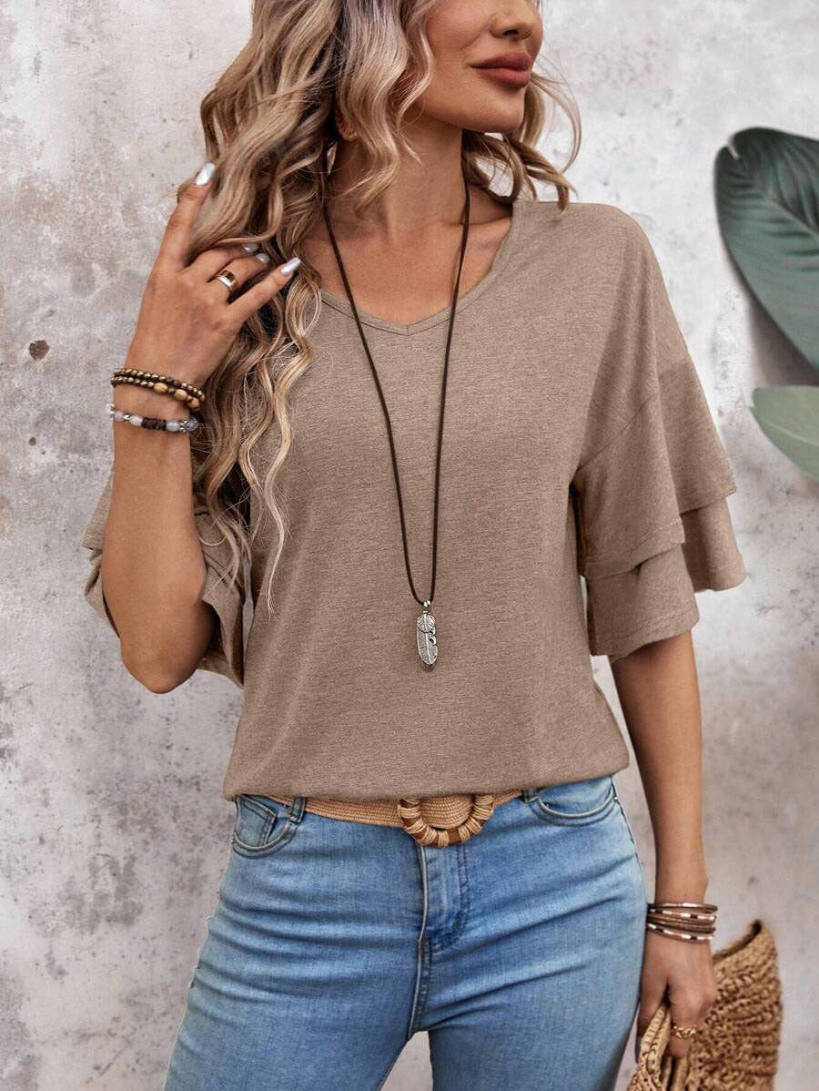 Customizable  Women's V-Neck Flutter Sleeve Top – Casual Summer T-Shirt
