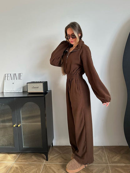 Zip Up Fleece Jumpsuit with Elastic Waist