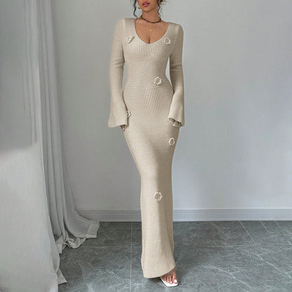 Sexy V Neck Ribbed Knit Bodycon Maxi Dress 3D Floral