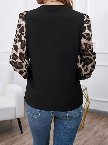 Color Block Leopard Puff Sleeve Casual Top