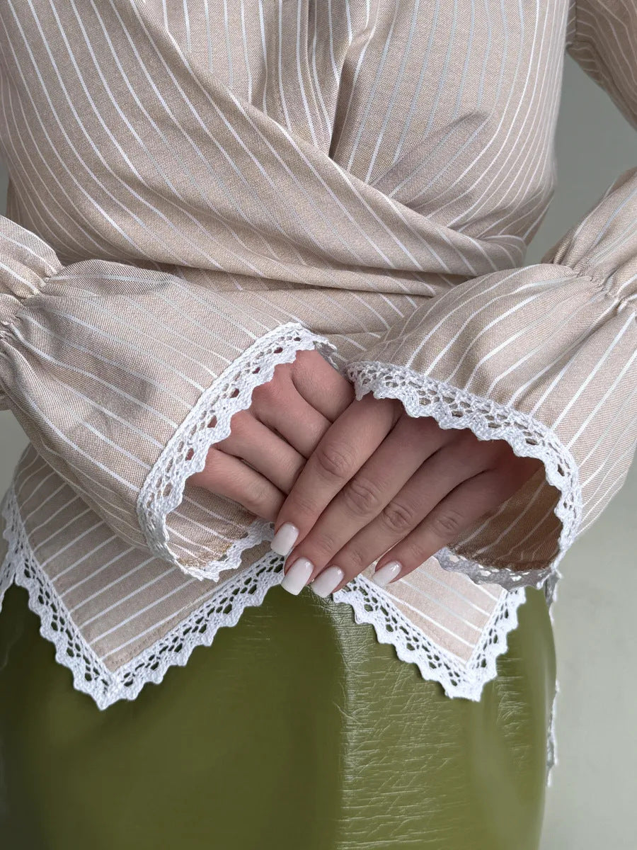 Striped Wrap Shirt with Lace Trim Long Sleeves
