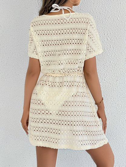Sheer Lace Drawstring Beach Cover Up with Bow Tie Waist