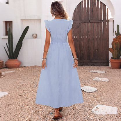 Blue Striped Flutter Sleeve Button Front Maxi Shirt Dress
