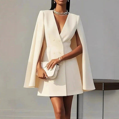 Women Cape Blazer Dress Double Breasted Formal Work Dress