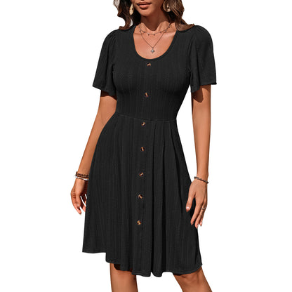 Round Neck Button Elastic Waist Casual Dress