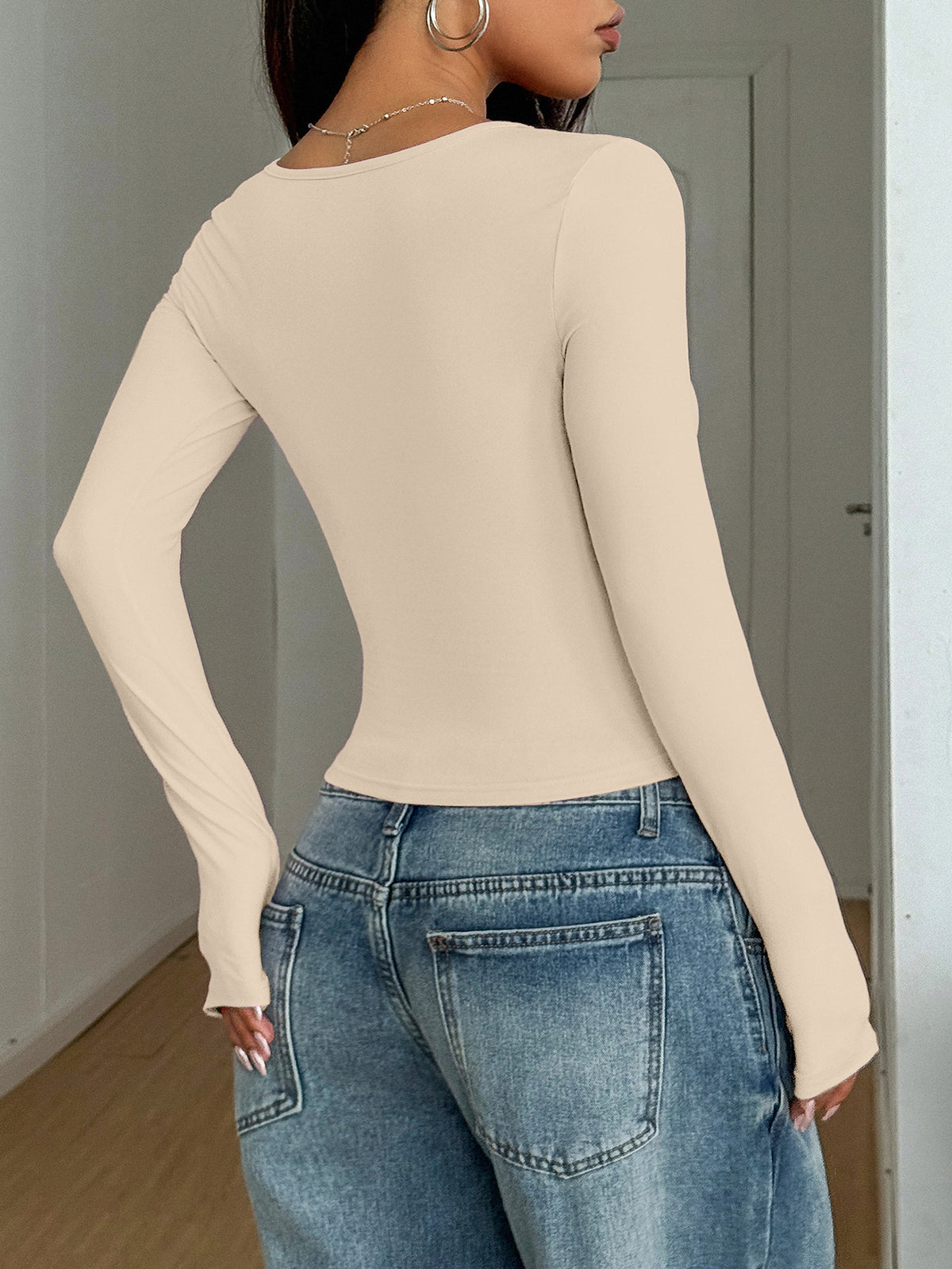 Women's Y2K Square Neck Long Sleeve Crop Top