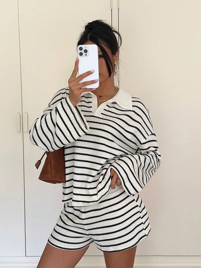 Striped Polo Lounge Set Long Sleeve Top & Shorts Set
