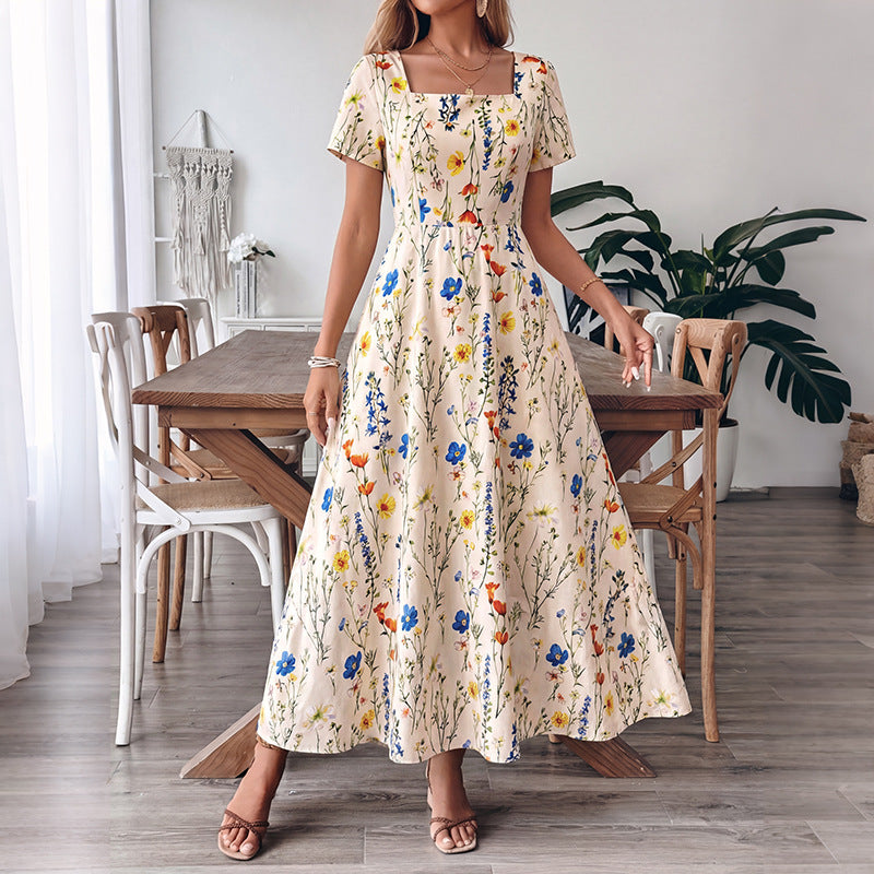 Square Neck Floral Puff Sleeve Summer Maxi Dress