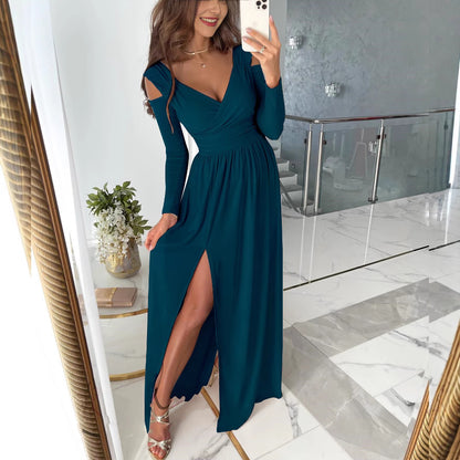Women's V Neck Long Sleeve Cut Out Side Slit Maxi Dress