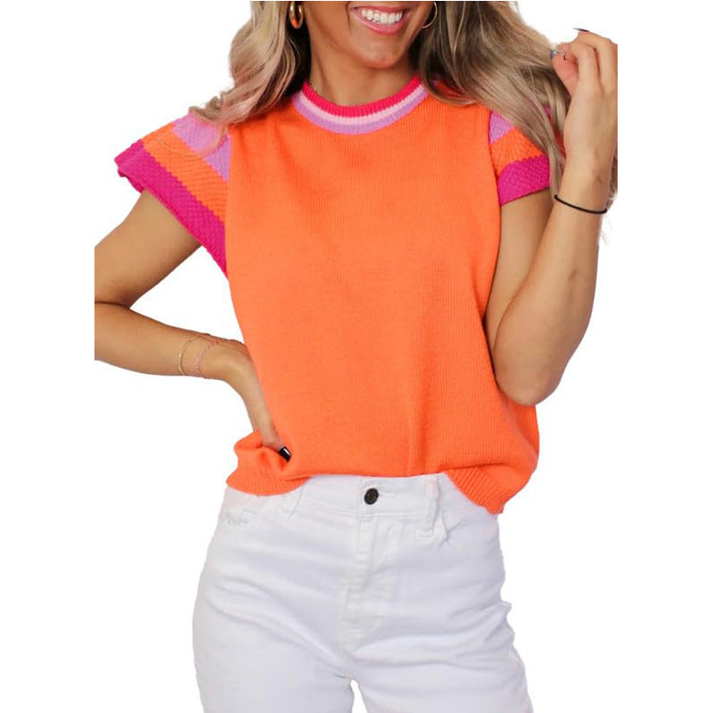 Colorblock Knit Short-Sleeve Sweater