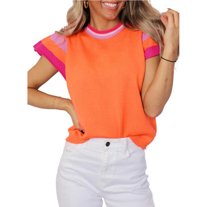 Colorblock Knit Short-Sleeve Sweater