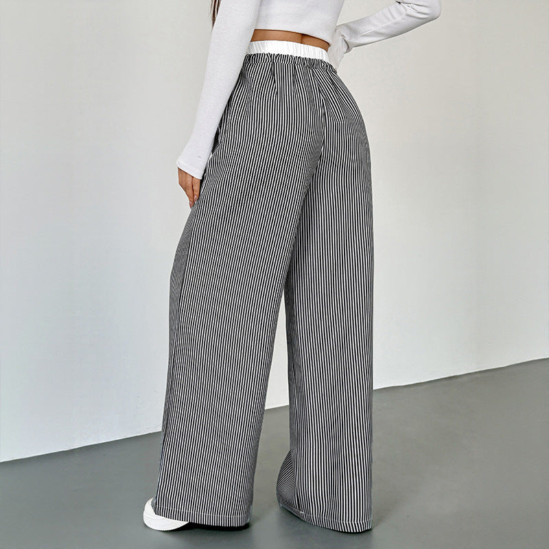 Striped Lace Trim Drawstring Wide Leg Pants