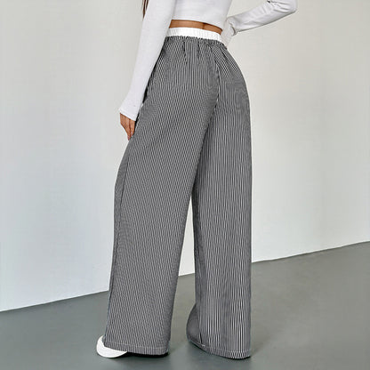 Striped Lace Trim Drawstring Wide Leg Pants