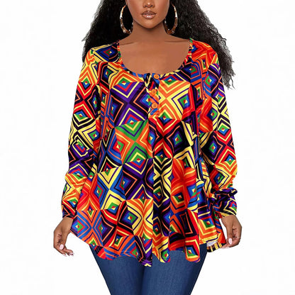 Plus Size African Print Long Sleeve Henley Tunic Top