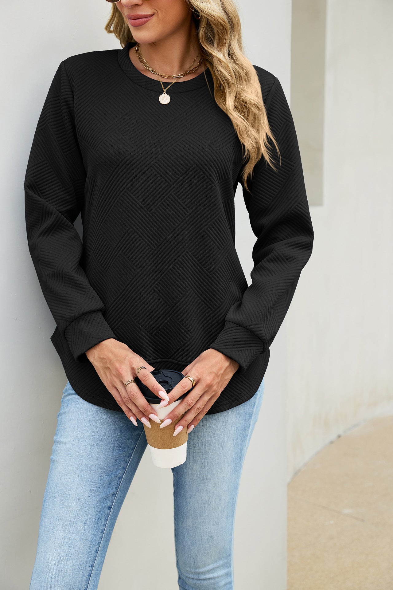 Quilted Textured Sweatshirt Crew Neck Loose Top