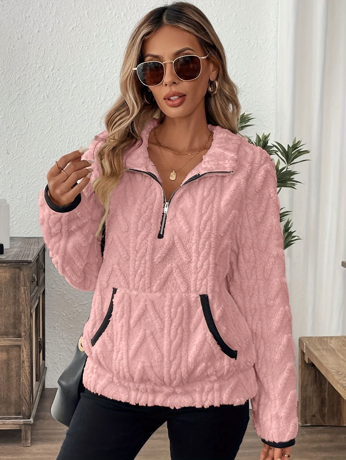Women's Sherpa Half Zip Pullover Fleece Pocket