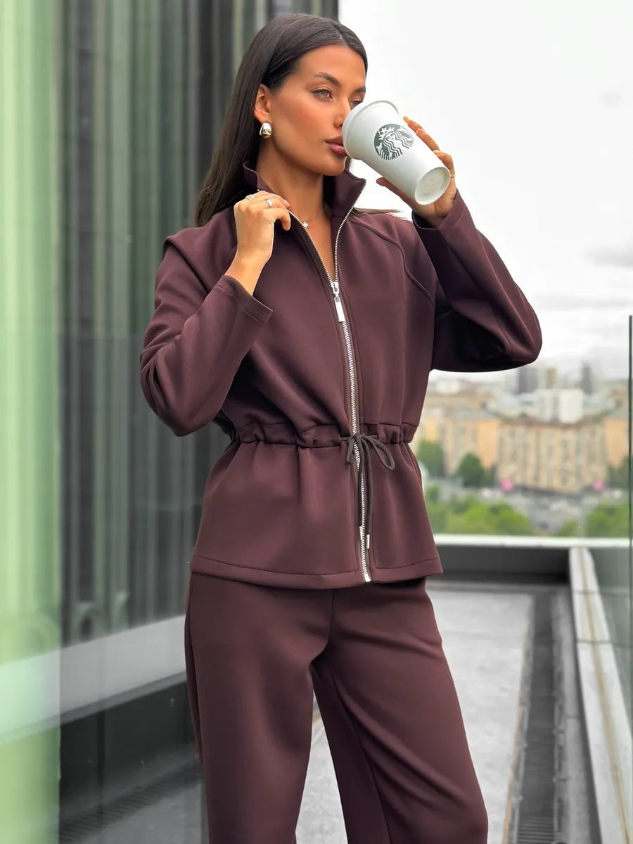 Women's Zip Up Drawstring Jacket Wide Leg Pants Set