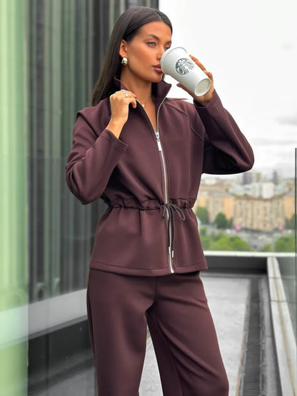 Women's Zip Up Drawstring Jacket Wide Leg Pants Set