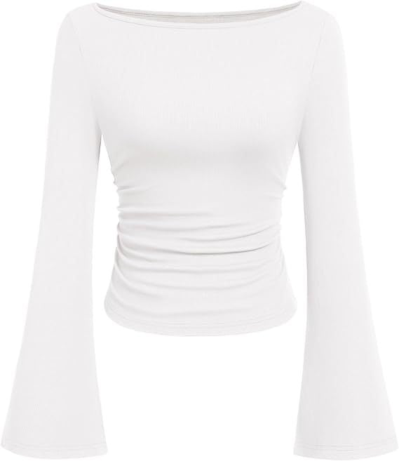 Women's Ruched Boat Neck Bell Sleeve Ribbed Top