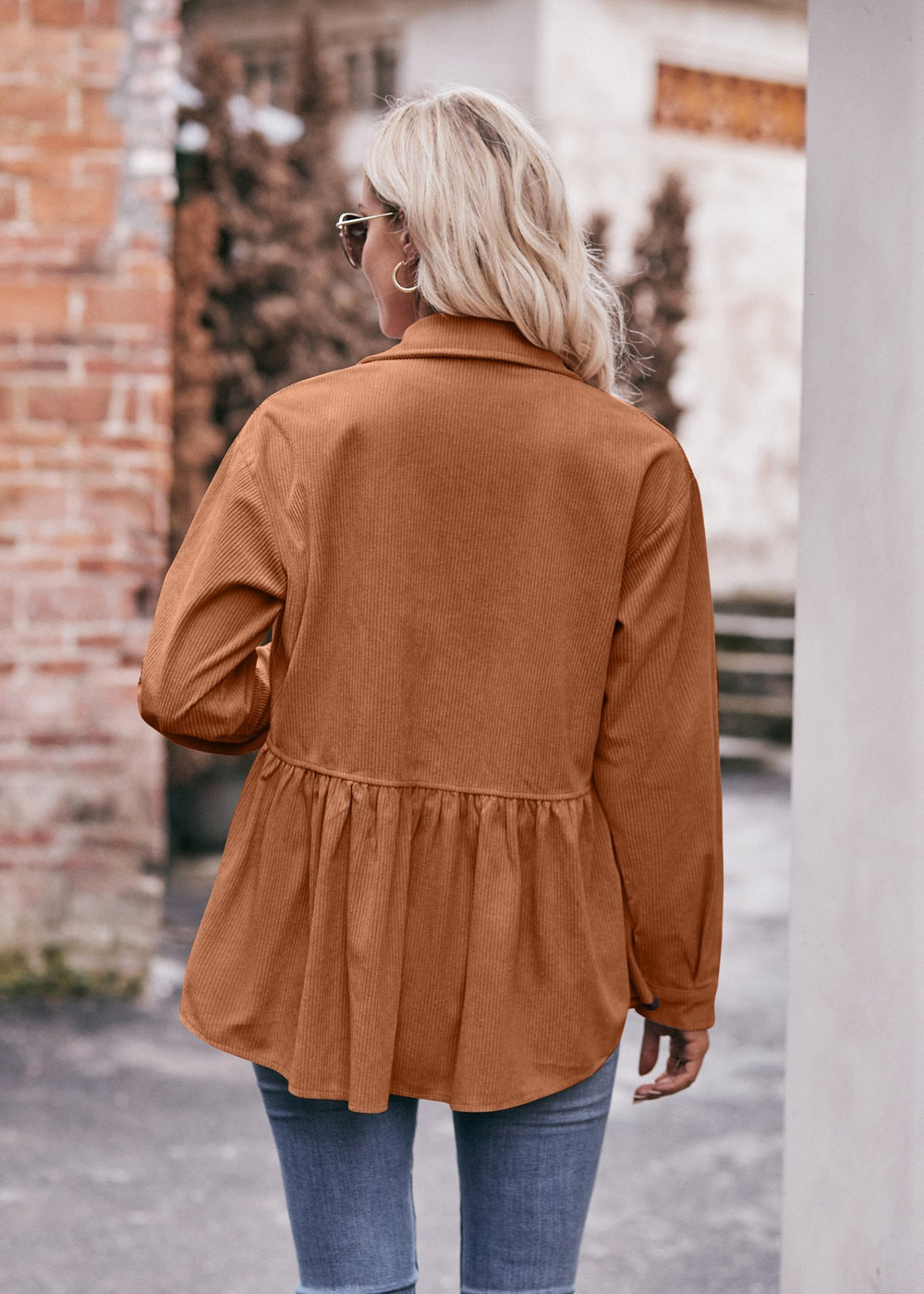 Casual Corduroy Babydoll Shirt Vintage-Inspired Top