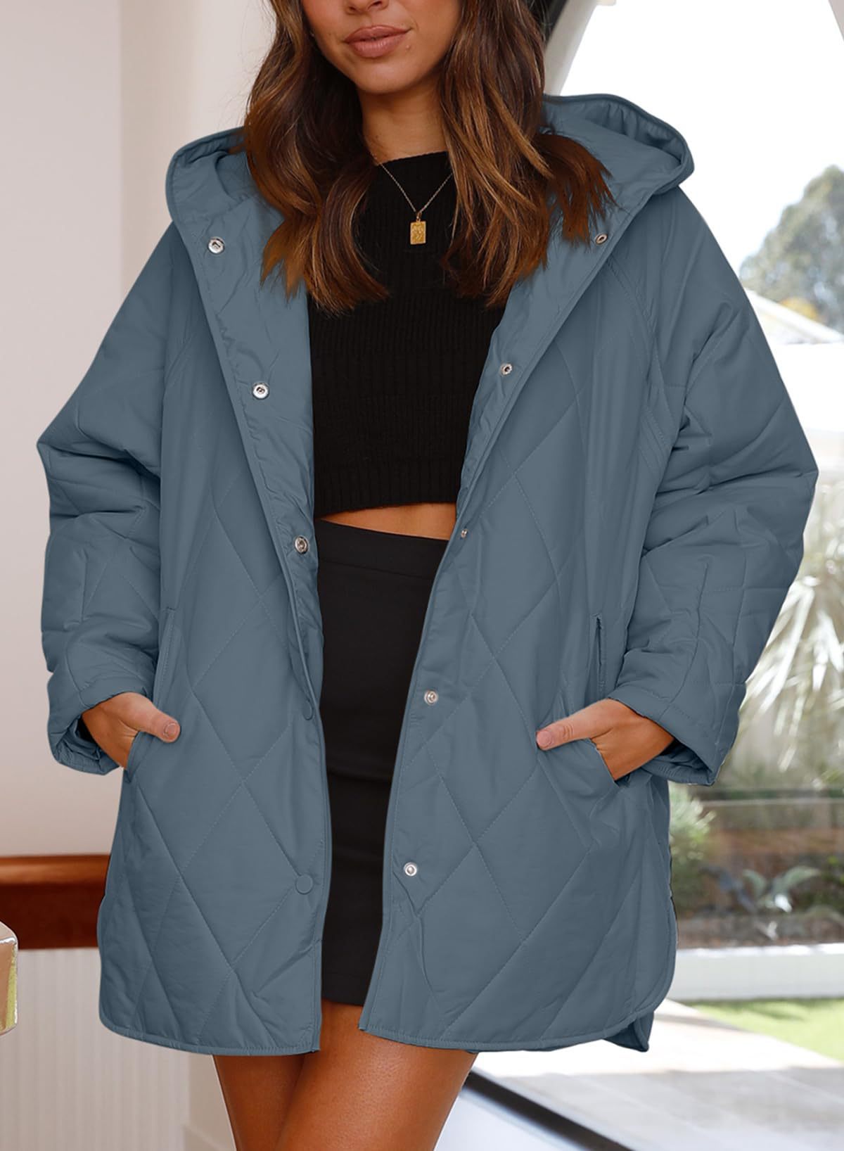 Womens Oversized Hooded Quilted Lightweight Jacket