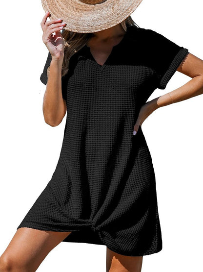 Waffle Knit V-Neck Short Sleeve Beach Cover Up Dress
