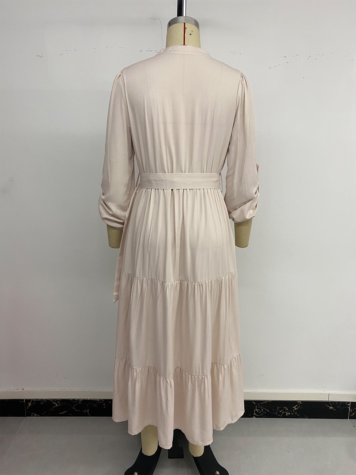 Women's Belted Tiered Maxi Dress Long Sleeve V Neck Casual