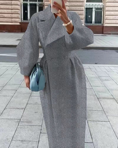 Women Wool Coat Double Breasted Balloon Sleeve Notch Lapel