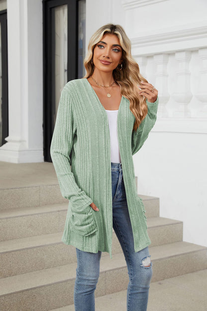 Women's Long Sleeve Ribbed Open Front Cardigan Pockets