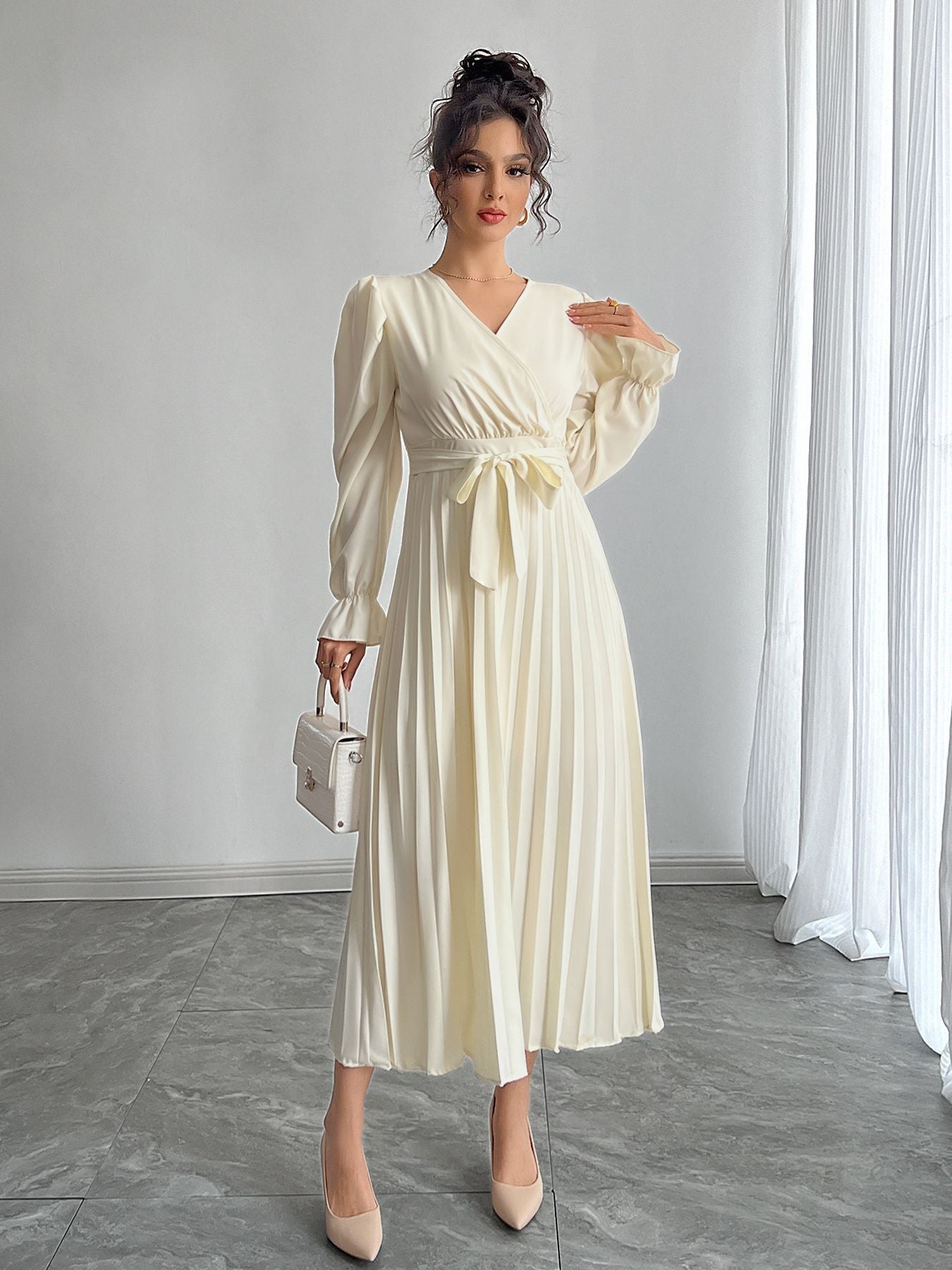 Satin Pleated Maxi Dress Wrap V-Neck Long Sleeve Tie Waist