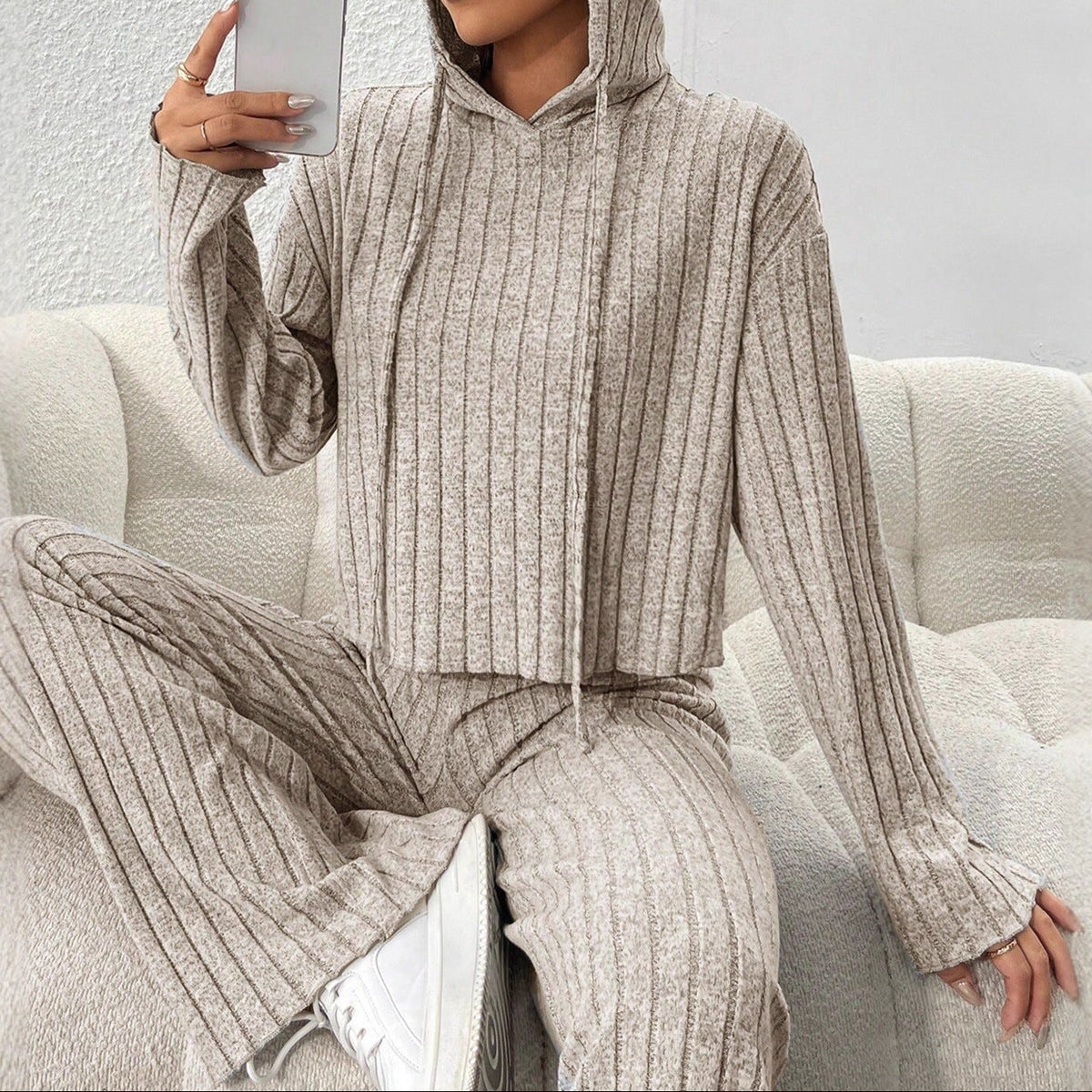 Women's Ribbed Knit Hoodie & Pants Two Piece Set