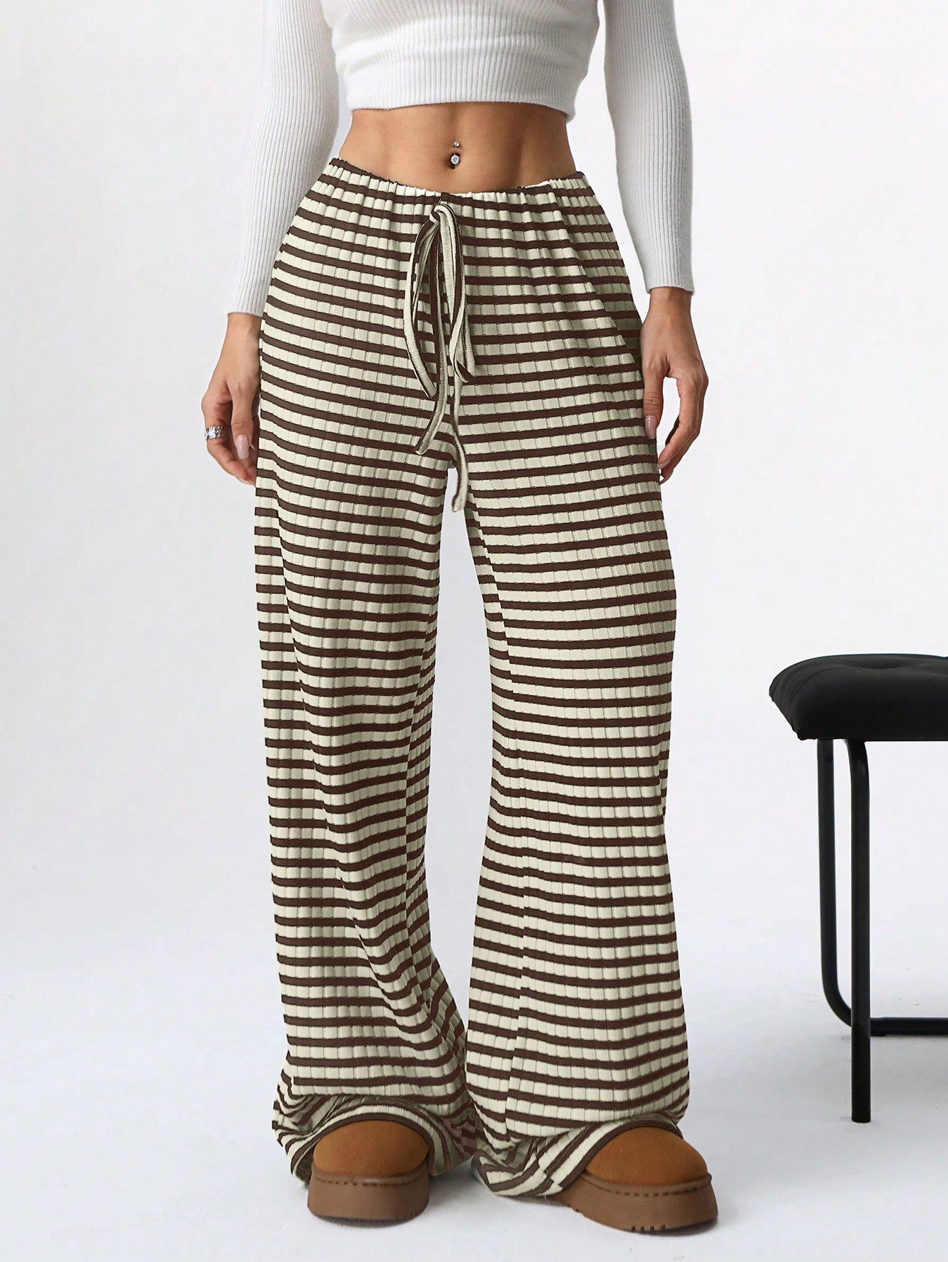 Women's Striped Drawstring Baggy Wide Leg Pants