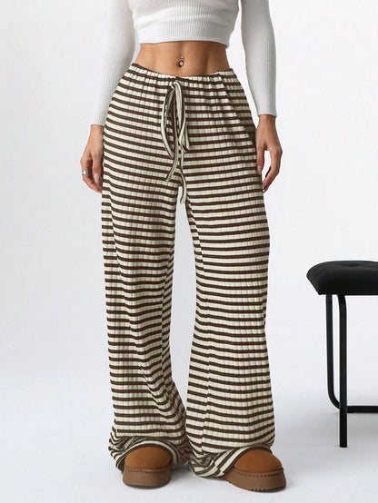 Women's Striped Drawstring Baggy Wide Leg Pants