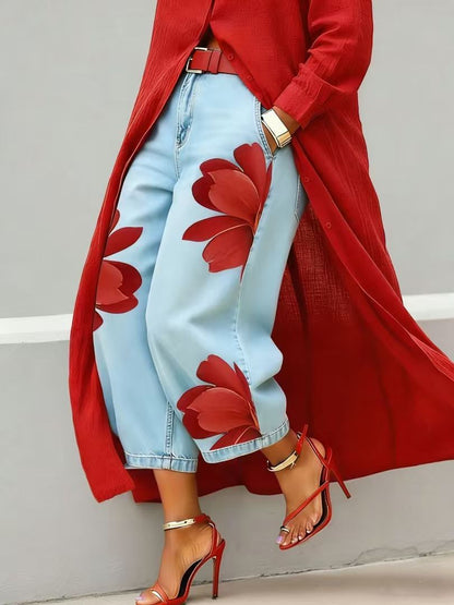 Women's Floral Denim Wide Leg Pants
