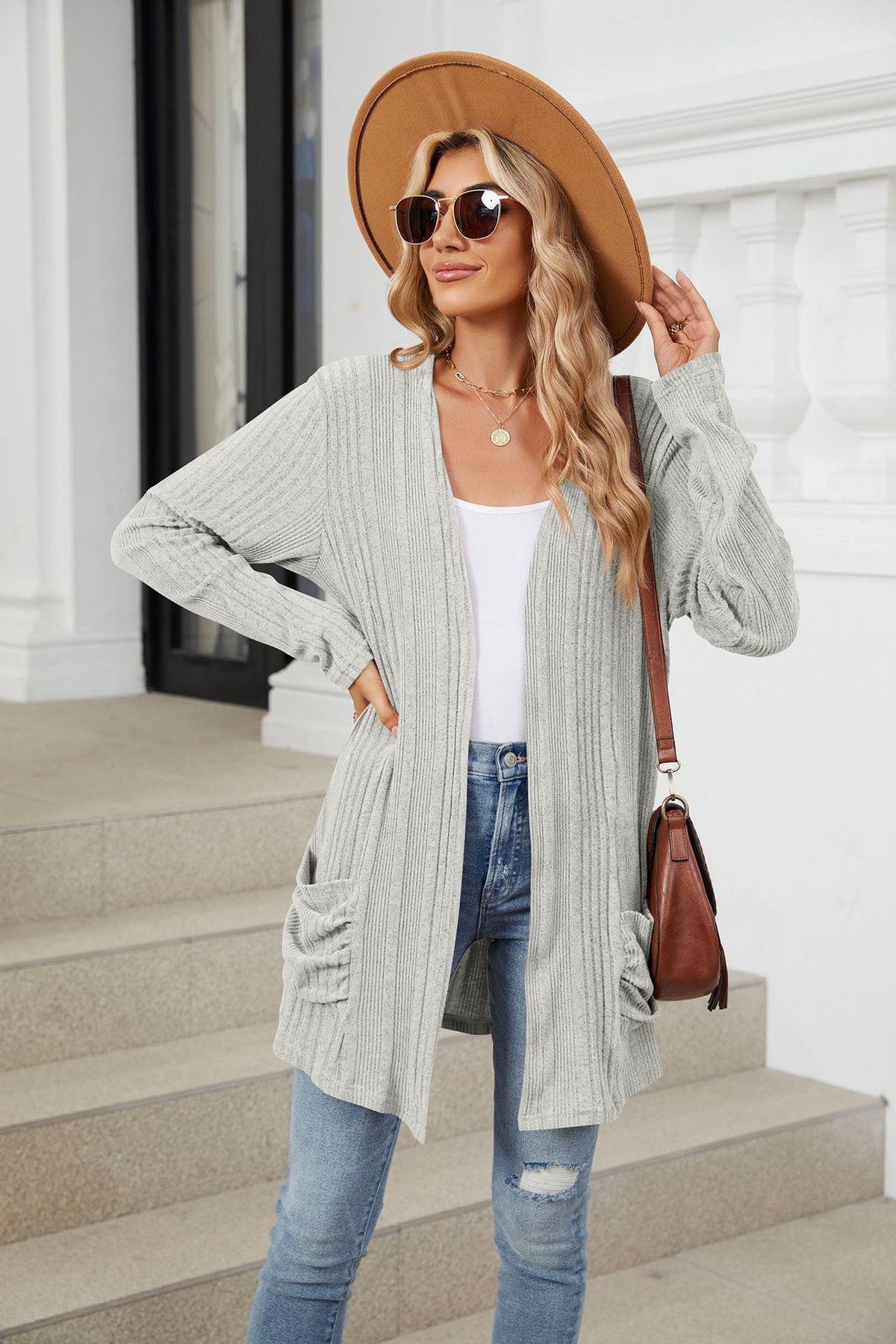 Women's Long Sleeve Ribbed Open Front Cardigan Pockets